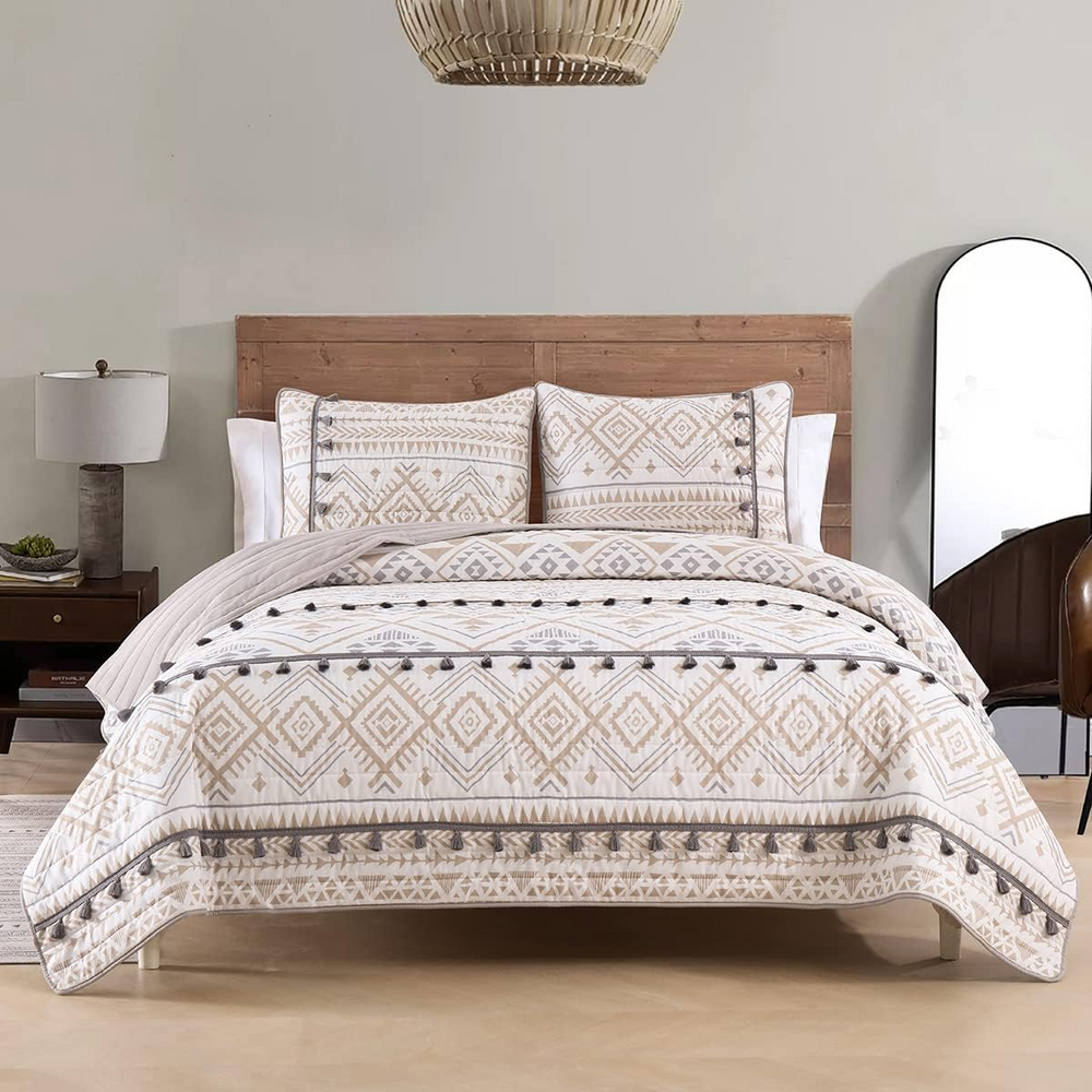 HORIMOTEHOME HORIMOTE HOME Boho Style Beige Twin Quilt Set with Tassle, Soft and - Picture 4 of 7